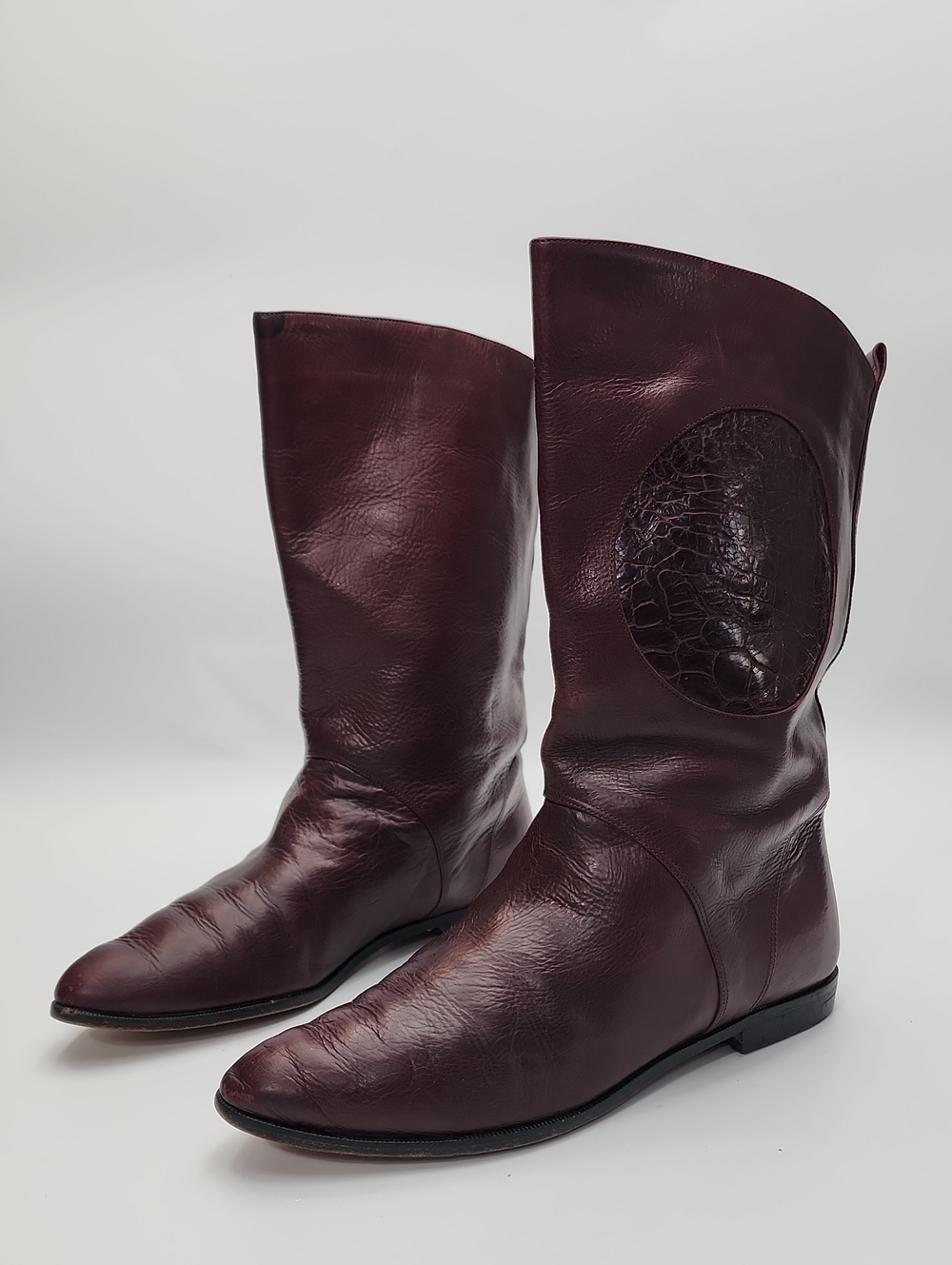 Vintage Mario Bruni Womens Burgundy Leather Boots with Croc Detail Size 6
